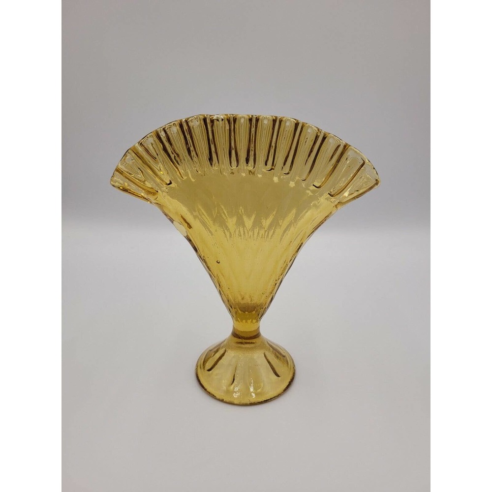 VTG Amber Pulled Fan Vase Italy Flowers Crimped Pressed